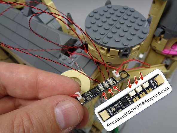As shown in the second and third photos, take the BRANCH09 adapter board that connects directly to the BRANCH09X adapter board in the left tower and connect the three window lights to the small plugs.