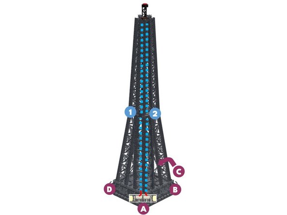 As shown in the illustration for this step, you will position the light strips connected to the #1 plug on the adapter board on the left side of each tower pillar, and the light strips connected to the #2 plug on the adapter board to the right side of each pillar.