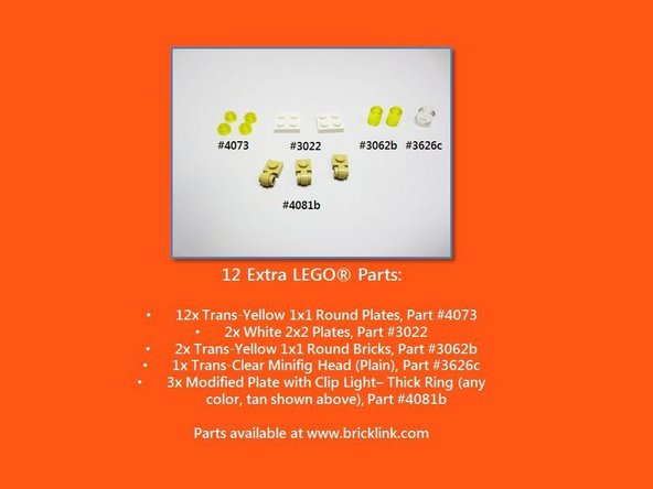 These instructions make reference to a total of 12 LEGO® parts not included with the Winter Village Cottage kit.  These additional parts are used to help mount the lighting elements and to keep the connecting cables in place.