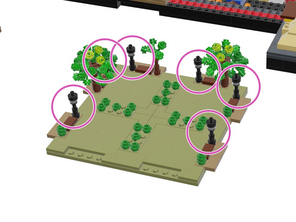 As shown by the six purple circles in the illustration for this step, next you will mount Microflex LED lights into the six lamp posts in Panel 2.