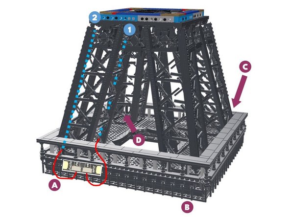 The illustration in this step shows the arrangement for the two light strips in the first pillar ("A") of the tower. (you can click on the image to enlarge it if needed)