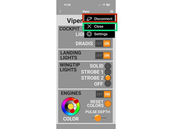 When you are finished controlling your Brickstuff kit, it is recommended to select "Disconnect" from the drop-down menu as shown by the red rectangle in the first screenshot for this step.  This closes all Bluetooth connections.