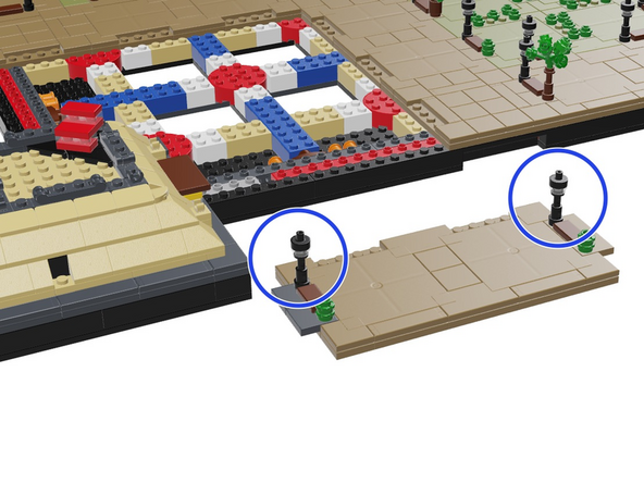 The two blue circles in the illustration for this step show the two lamp posts in Panel 4L. Use the same steps you've used before to mount Microflex LED lights into these lamp posts.