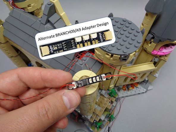 As shown in the second and third photos, take the BRANCH09 adapter board that connects directly to the BRANCH09X adapter board in the left tower and connect the three window lights to the small plugs.