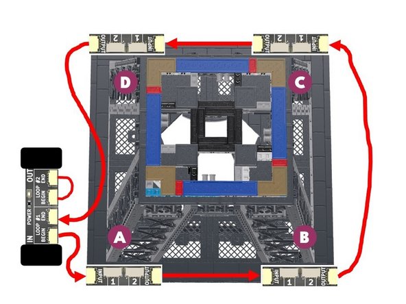 Now you will begin connecting the eight light strips in a loop around the middle level of your Eiffel Tower.  The first illustration for this step shows the connections and flow.