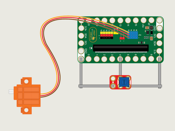 The potentiometer is similar to the thumbstick in that it's an analog input and instead of looking for an on or off like the pushbuttons, we are looking for a value. We'll also use that value to adjust the speed of the servo.