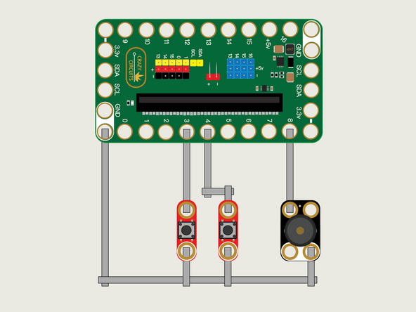 We'll use Maker Tape to connect the two Buttons and the Piezo to the Bit Board on a LEGO baseplate.