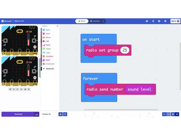 This code listens to the volume of your voice using the on-board microphone and sends that value to the skull micro:bit.