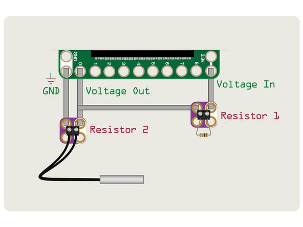 Here's the schematic for a voltage divider that uses two resistor to “divide” the voltage. The way it works is similar to a potentiometer, where voltage flows through the component and the output is affected by a specific amount of resistance.