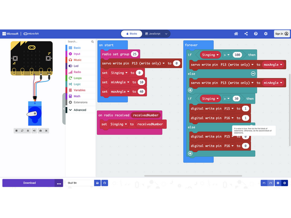 This code receives the microphone volume and moves the jaw open when it's particularly loud, and closed when it's quiet. The eyes turn on and off in the same way but with more sensitivity.