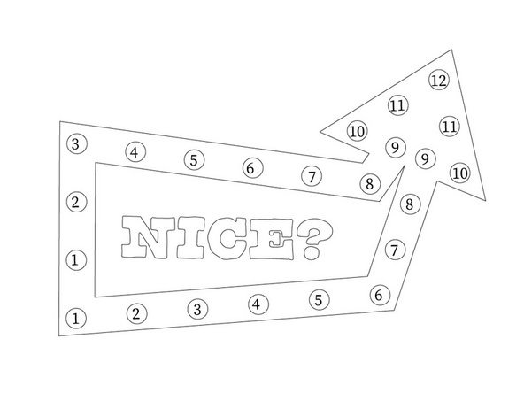 In the second diagram, you can see the LED layout, with the LEDs closest to the Bit Board (#1) placed at the bottom of the arrow, and moving around the arrow on either side toward the tip (#12). One of the two rows will have an extra LED that you can cut off.