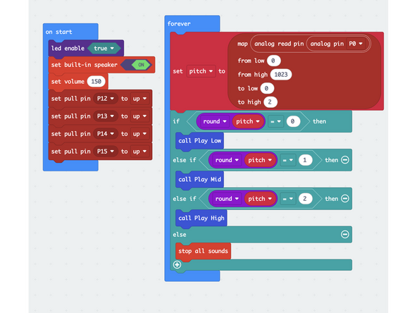 Here is the code for the MicroBit Guitar Potentiometer: https://makecode.microbit.org/S70921-019...