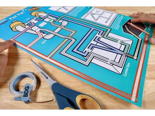 Measure, cut, peel, and stick parts of the red path leading from the ROV back TO the battery. Overlap each segment as you go.