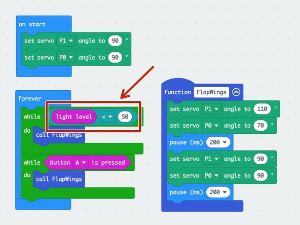 Test that the servos work by attaching the battery pack, then pressing and holding the A button.
