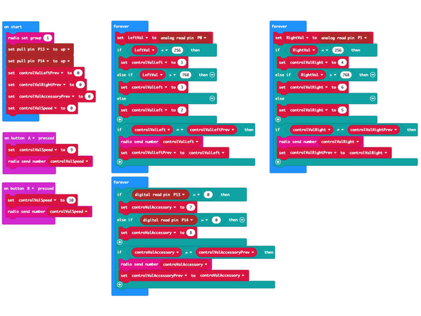 If you've got a Rover Thumbstick Remote you can use the following code to control the Rover and Sweeper.