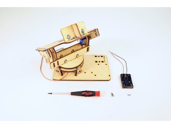 Gather the 3AAA battery pack, two  (12mm M3) flathead screws, two (M3) nuts and the final assembly from the previous step.