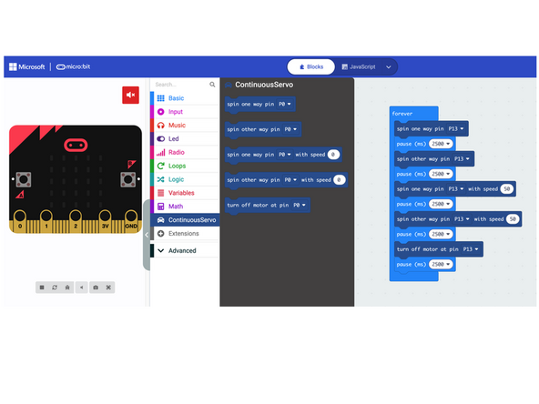 We're going to load the following code for our 360 Servo Spin program: https://makecode.microbit.org/_Xuu8baK85...