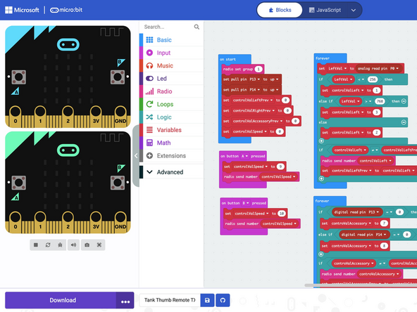 The code below is based on the Tank Thumb Stick Remote guide. To learn more about how this code works, check out that guide.