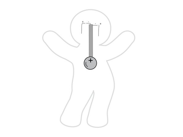 Add a tape loop to the center piece of tape, then stick the battery down to it. (Make sure you stick the negative side of the battery down.)