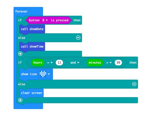What fun is a clock if it doesn't have an alarm! You can add an alarm in the forever section of the code by checking if it is a specific hour and minute and then doing something.