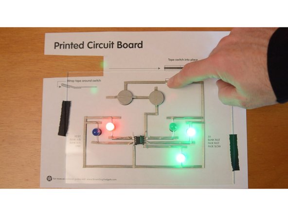If we did everything right, pressing the switch will complete the circuit and all the LEDs will light up and do crazy things!