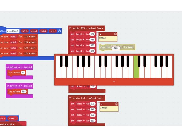 Optional, advanced step: If you'd like, you can change the notes played by each button by using the &quot;play note&quot; block to copy and paste the new note values into the block of code for each chord.