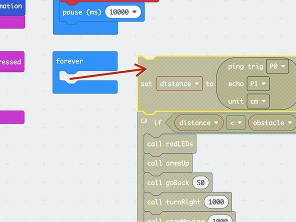 Hint: To make the build easier, drag the blocks out of the forever loop while building to stop the 'bot from &quot;running away!&quot; Or, you could also just pop off the wheels while you work.