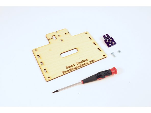 Gather the solar panel mounting plate, the single (8-32 1/2") screw, a single (8-32) nut and the small circuit board with four photoresistors on it.