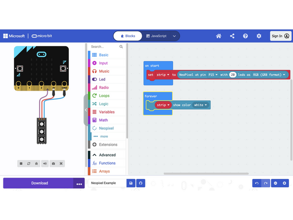 Download this simple code to turn the NeoPixels white.