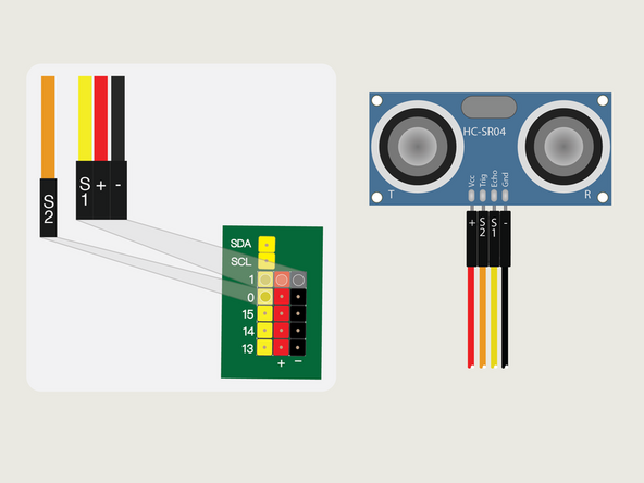Plug the three-wire connector of the Crazy Circuits Ribbon Cable into the row with Pin 1 on the Bit Board. The wire colors should match the pin header colors, with S1 (yellow) going to the yellow pin.