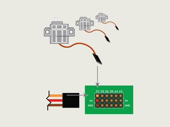 The servos have all three wires together in a connector that plugs right into the pin headers on the Robotics Board. Just make sure you plug it in the right way or your servo won't work!