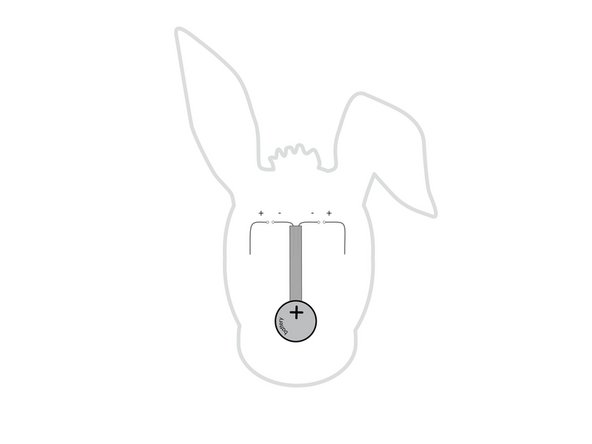 Add a tape loop to the center piece of tape, then stick the battery down to it. (Make sure you stick the negative side of the battery down.)