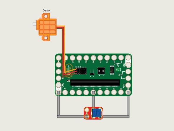 The potentiometer is similar to the thumbstick in that it's an analog input and instead of looking for an on or off like the pushbuttons, we are looking for a value. We'll also use that value to adjust the speed of the servo.
