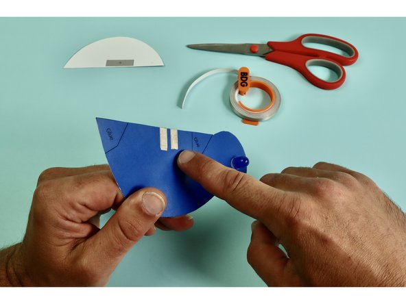 Both Tape pieces 'D.' and 'E.' should wrap around the front side of the bird's body.