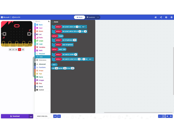 The Extension has the basic blocks you'll need to set up the NeoPixel Addressable RGB LEDs and to control them with a micro:bit, and the Bit Board makes it very easy to connect things!