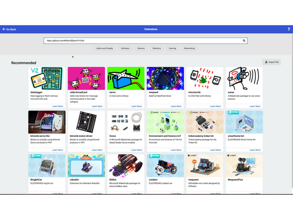 In MakeCode start to add an Extension as you normally would by clicking on the Extensions item...