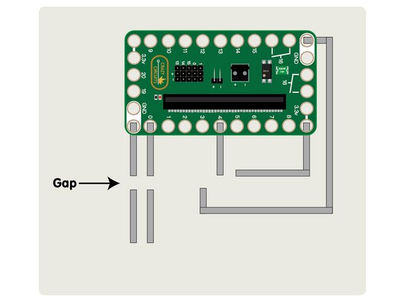 The LED is connected to GND and Pin 0. (Make note of the polarity, since the LED will not work if connected backwards.)