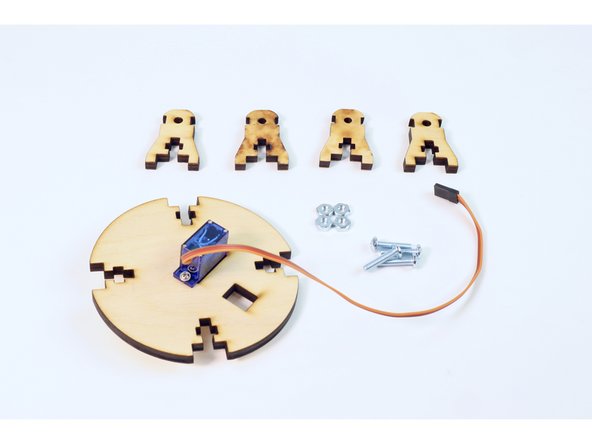Find the circular platform you just attached the servo to, four platform legs, four (8-32-3/4”) screws and four (8-32) nuts.