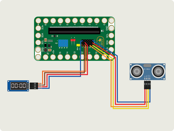 Plug the Distance Sensor Echo into Pin 13, Trig into Pin 14, Vcc into the + (positive) column, and Gnd into the - (negative) column.
