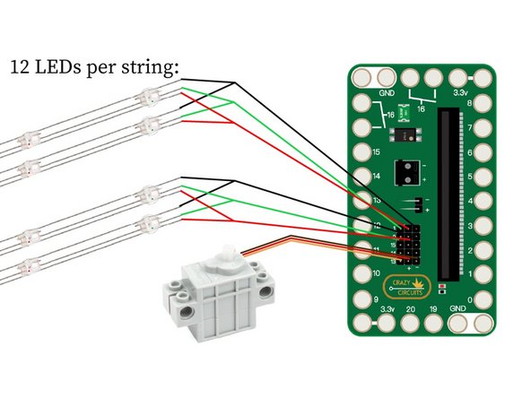 The circuit is a bit complex: We soldered two rows of 12 LEDs together so that the animation would be easy to code. See the diagram for details. Make two sets of 12, one set for each arrow. There are detailed soldering instructions in the next step.