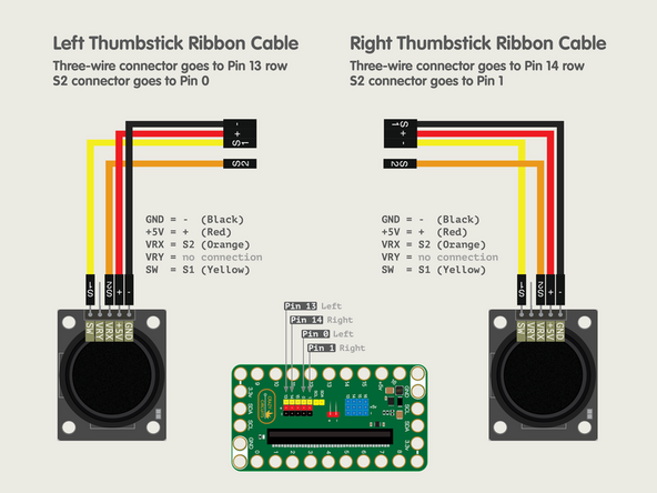 The Crazy Circuits Ribbon Cable has two different ends. One end has a black connector with three wires going into it (-, +, and S1) and a single black connector with one wire going into it (S2).