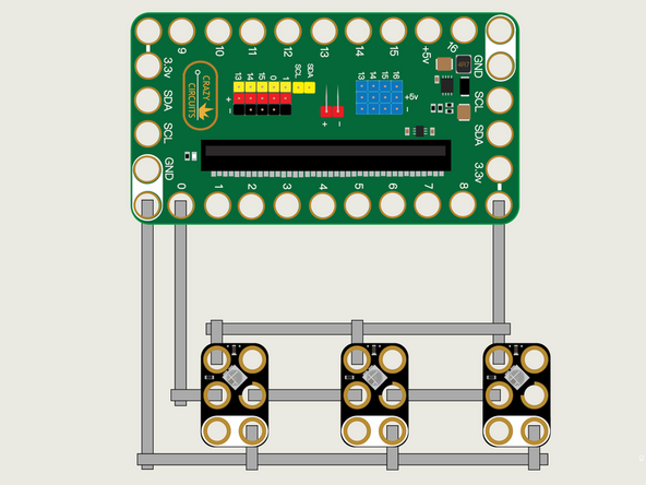 We'll use Maker Tape to connect the three NeoPixels to the Bit Board on a LEGO baseplate.
