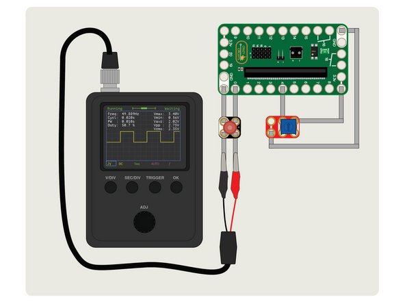 We used our (very cheap) oscilloscope connected to GND and Pin 0 so we could see the PWM signal that was being sent to the LED.