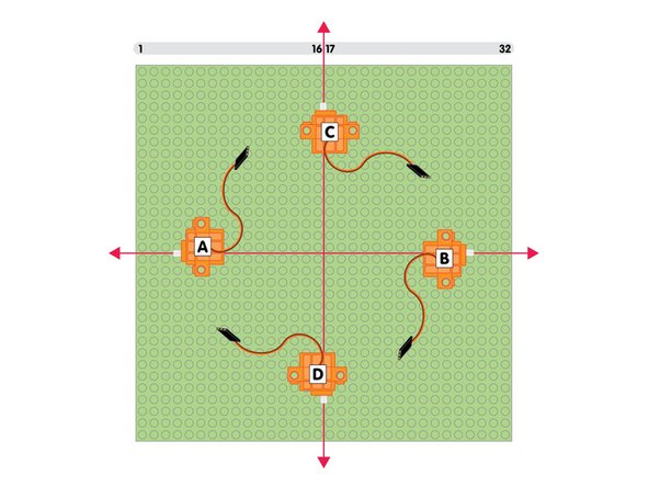 With our 32 x 32 LEGO Baseplate we'll need to mount each servo so it is centered on the plate. Specifically, so the shaft of each servo is centered on the plate.
