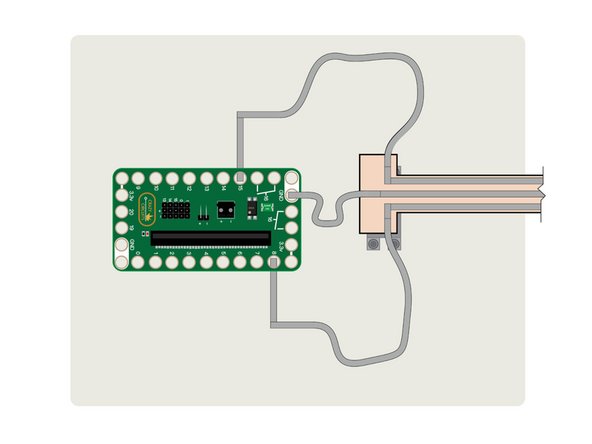 Add Maker Tape to Pins 8, 15, and Ground on the Bit Board, sticking it down to your LEGO baseplate, and then attaching it to the arm with enough slack so the arm can move freely.
