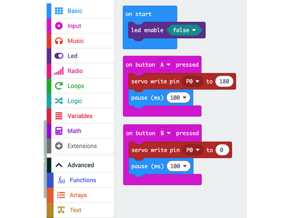 The servo is connected to Pin 0.