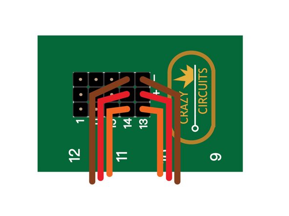 Next you'll need to attach each servo connector. They are easy to plug in, just make sure that the brown wires connect to pins in the - column, the red wires connect to pins in the + column, and the orange wires connect to pin 13 for for left servo, and 14 for the right servo.