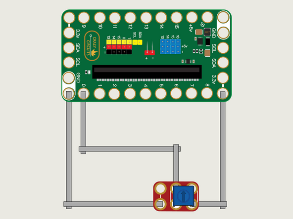 We'll use Maker Tape to connect the Potentiometer to the Bit Board on a LEGO baseplate.