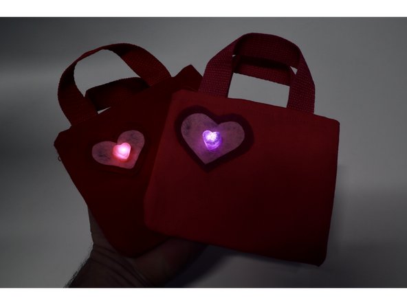 Oooh La La! Your Valentine Bag is now complete. When the Hook and Loop is connected, the circuit is complete and the LED will turn on. When the bag is open, the circuit is also open/incomplete and the LED will turn off!