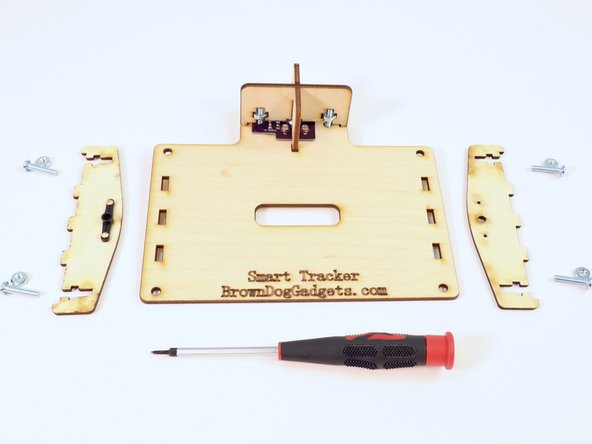 Gather the two side braces (one has a servo horn attached now), the etched solar panel plate with divided photoresistors, four (8-32 3/4") screws and four (8-32) nuts.